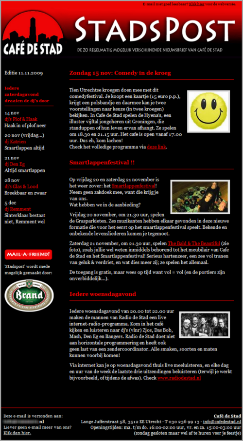 E-mail nieuwsbrief Café de Stad Utrecht