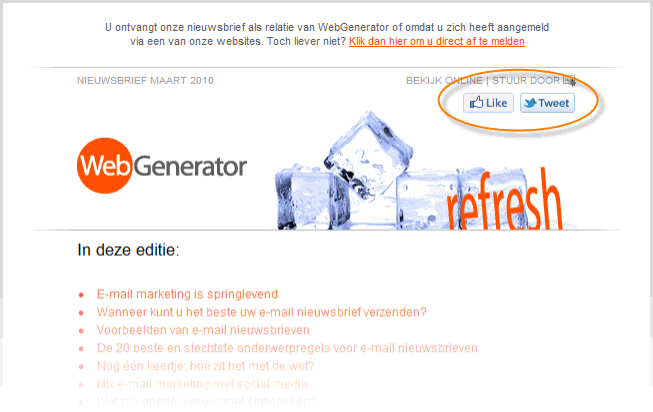 Twitter button of Facebook like button in je email nieuwsbrief sjabloon