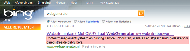 Weergave pagina-beschrijving in Bing zoekmachine