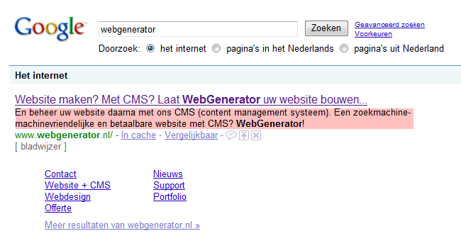Omschrijving in Google van website-pagina o.b.v. metatag description