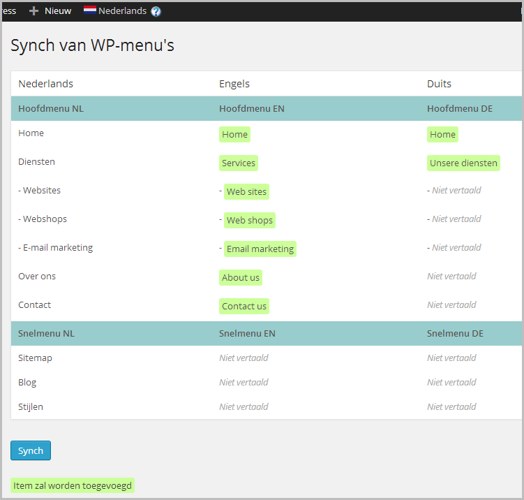 Menu's tussen talen synchroniseren