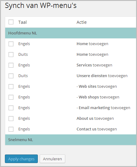 Synch van WP-menu's